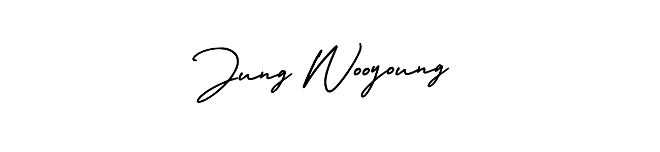 The best way (AmerikaSignatureDemo-Regular) to make a short signature is to pick only two or three words in your name. The name Jung Wooyoung include a total of six letters. For converting this name. Jung Wooyoung signature style 3 images and pictures png