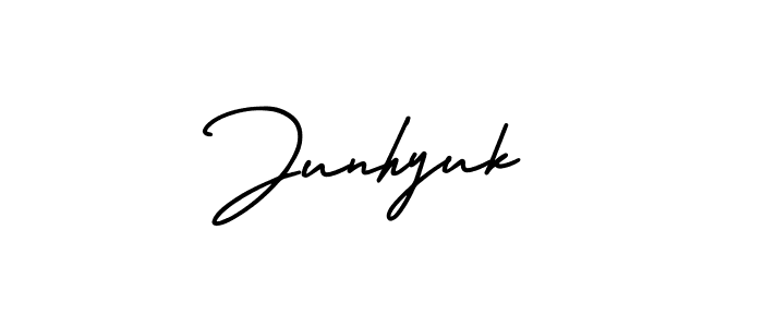 You should practise on your own different ways (AmerikaSignatureDemo-Regular) to write your name (Junhyuk) in signature. don't let someone else do it for you. Junhyuk signature style 3 images and pictures png