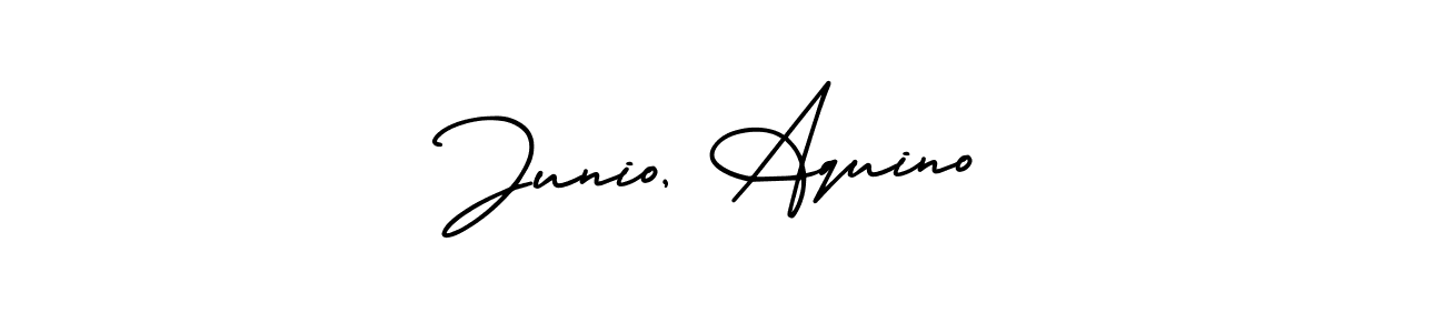 The best way (AmerikaSignatureDemo-Regular) to make a short signature is to pick only two or three words in your name. The name Junio, Aquino include a total of six letters. For converting this name. Junio, Aquino signature style 3 images and pictures png