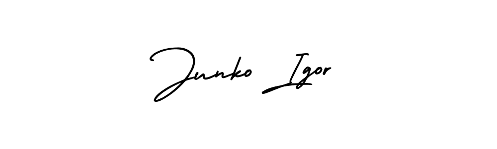 You should practise on your own different ways (AmerikaSignatureDemo-Regular) to write your name (Junko Igor) in signature. don't let someone else do it for you. Junko Igor signature style 3 images and pictures png
