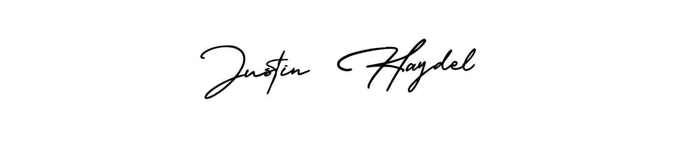 The best way (AmerikaSignatureDemo-Regular) to make a short signature is to pick only two or three words in your name. The name Justin  Haydel include a total of six letters. For converting this name. Justin  Haydel signature style 3 images and pictures png