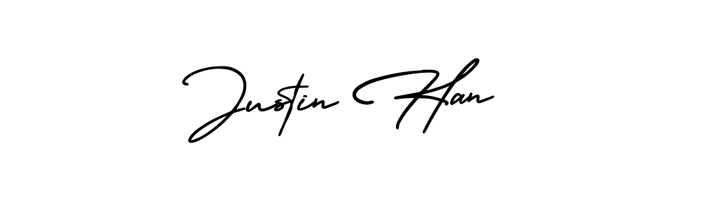 How to make Justin Han name signature. Use AmerikaSignatureDemo-Regular style for creating short signs online. This is the latest handwritten sign. Justin Han signature style 3 images and pictures png