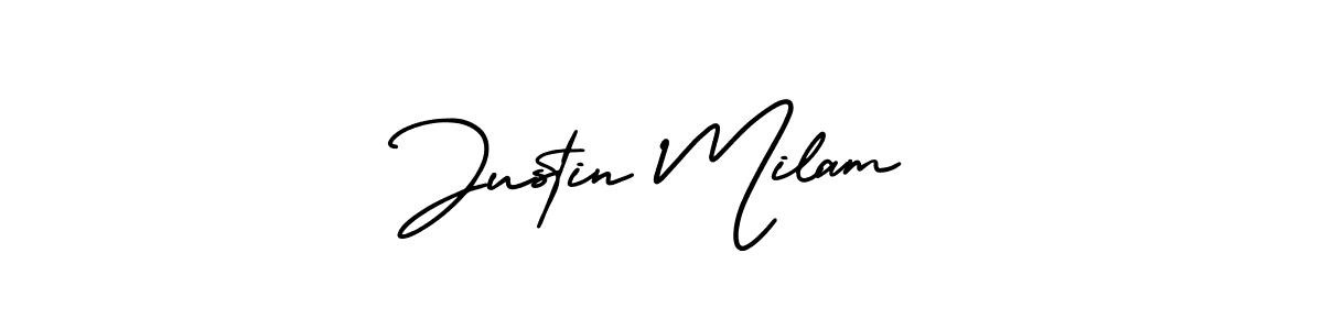 The best way (AmerikaSignatureDemo-Regular) to make a short signature is to pick only two or three words in your name. The name Justin Milam include a total of six letters. For converting this name. Justin Milam signature style 3 images and pictures png