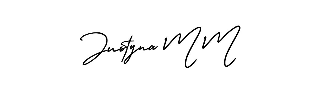 You should practise on your own different ways (AmerikaSignatureDemo-Regular) to write your name (Justyna M M) in signature. don't let someone else do it for you. Justyna M M signature style 3 images and pictures png