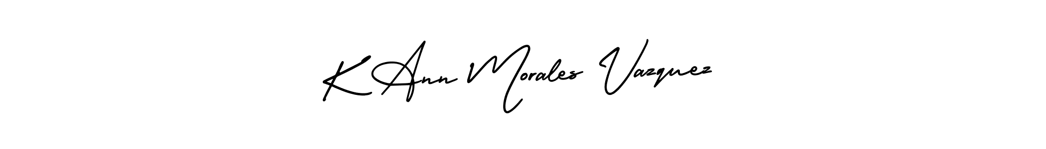 You should practise on your own different ways (AmerikaSignatureDemo-Regular) to write your name (K Ann Morales Vazquez) in signature. don't let someone else do it for you. K Ann Morales Vazquez signature style 3 images and pictures png