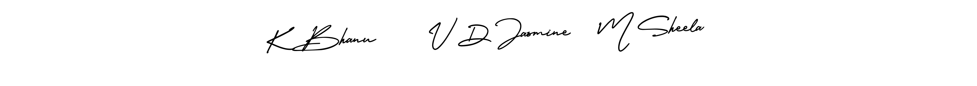 Use a signature maker to create a handwritten signature online. With this signature software, you can design (AmerikaSignatureDemo-Regular) your own signature for name K Bhanu     V D Jasmine   M Sheela. K Bhanu     V D Jasmine   M Sheela signature style 3 images and pictures png