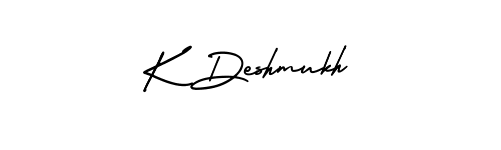 You should practise on your own different ways (AmerikaSignatureDemo-Regular) to write your name (K Deshmukh) in signature. don't let someone else do it for you. K Deshmukh signature style 3 images and pictures png