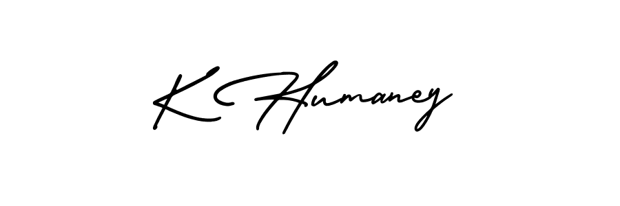 You should practise on your own different ways (AmerikaSignatureDemo-Regular) to write your name (K Humaney) in signature. don't let someone else do it for you. K Humaney signature style 3 images and pictures png