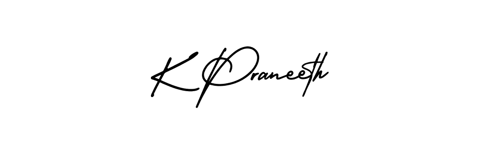 How to make K Praneeth name signature. Use AmerikaSignatureDemo-Regular style for creating short signs online. This is the latest handwritten sign. K Praneeth signature style 3 images and pictures png