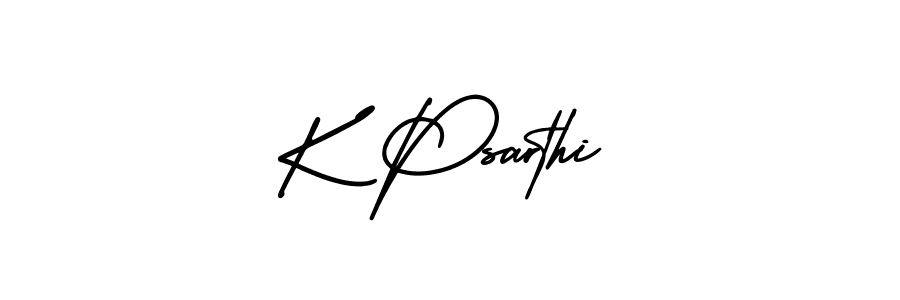 You should practise on your own different ways (AmerikaSignatureDemo-Regular) to write your name (K Psarthi) in signature. don't let someone else do it for you. K Psarthi signature style 3 images and pictures png