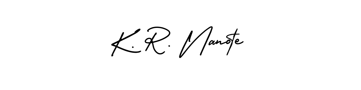 The best way (AmerikaSignatureDemo-Regular) to make a short signature is to pick only two or three words in your name. The name K. R. Nanote include a total of six letters. For converting this name. K. R. Nanote signature style 3 images and pictures png