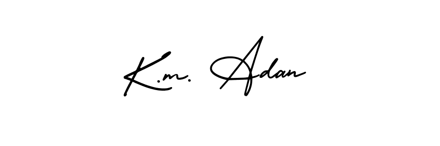 The best way (AmerikaSignatureDemo-Regular) to make a short signature is to pick only two or three words in your name. The name K.m. Adan include a total of six letters. For converting this name. K.m. Adan signature style 3 images and pictures png