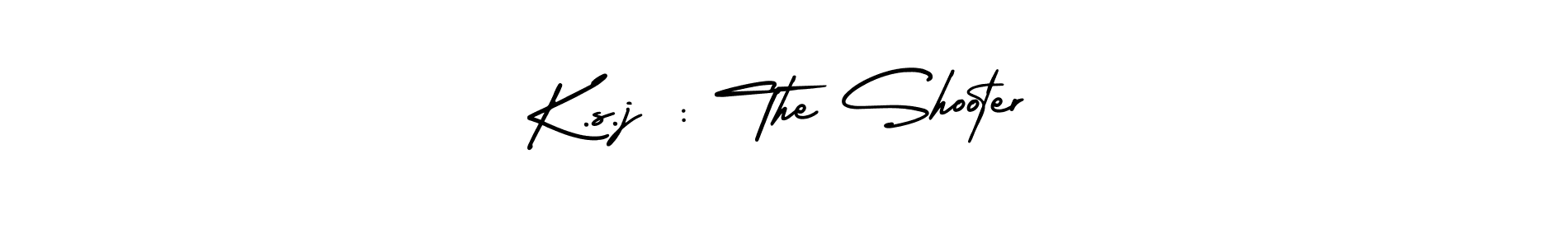 The best way (AmerikaSignatureDemo-Regular) to make a short signature is to pick only two or three words in your name. The name K.s.j : The Shooter include a total of six letters. For converting this name. K.s.j : The Shooter signature style 3 images and pictures png