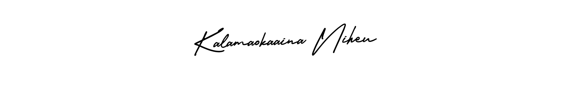 The best way (AmerikaSignatureDemo-Regular) to make a short signature is to pick only two or three words in your name. The name Kalamaokaaina Niheu include a total of six letters. For converting this name. Kalamaokaaina Niheu signature style 3 images and pictures png