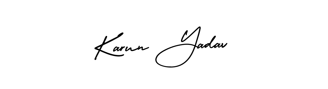 You should practise on your own different ways (AmerikaSignatureDemo-Regular) to write your name (Karun Yadav) in signature. don't let someone else do it for you. Karun Yadav signature style 3 images and pictures png