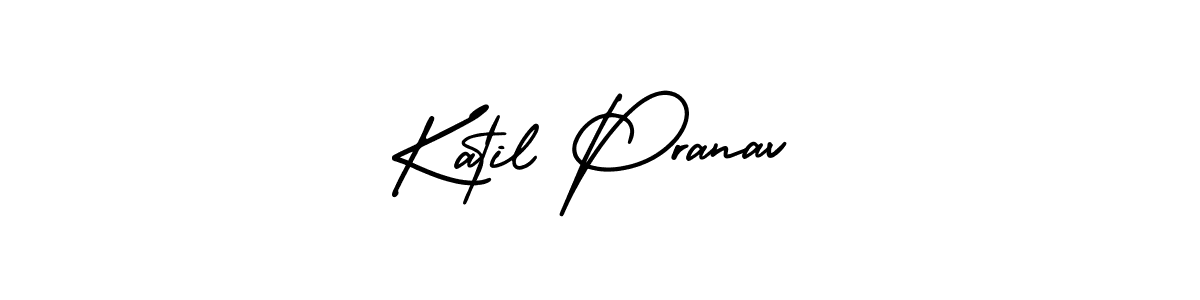 You should practise on your own different ways (AmerikaSignatureDemo-Regular) to write your name (Katil Pranav) in signature. don't let someone else do it for you. Katil Pranav signature style 3 images and pictures png