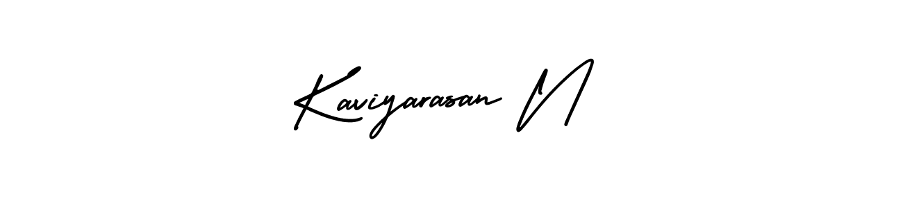 You should practise on your own different ways (AmerikaSignatureDemo-Regular) to write your name (Kaviyarasan N) in signature. don't let someone else do it for you. Kaviyarasan N signature style 3 images and pictures png