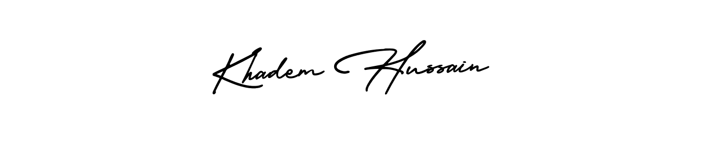 You should practise on your own different ways (AmerikaSignatureDemo-Regular) to write your name (Khadem Hussain) in signature. don't let someone else do it for you. Khadem Hussain signature style 3 images and pictures png