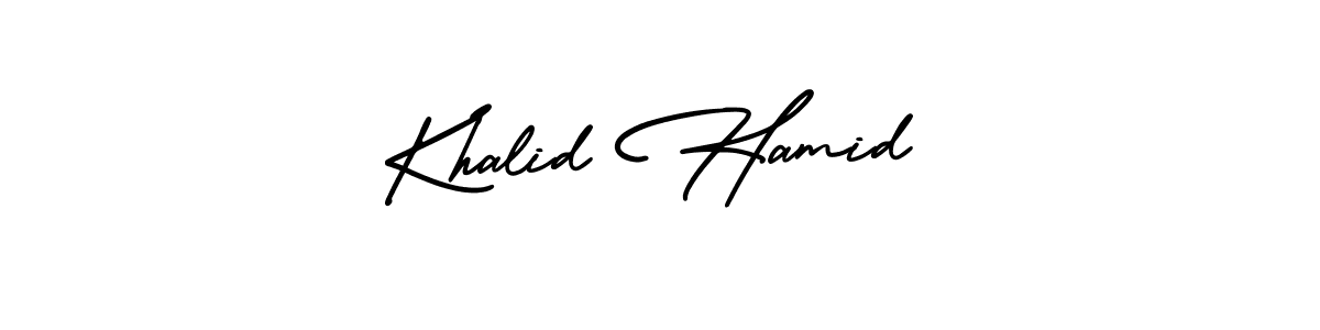 You should practise on your own different ways (AmerikaSignatureDemo-Regular) to write your name (Khalid Hamid) in signature. don't let someone else do it for you. Khalid Hamid signature style 3 images and pictures png