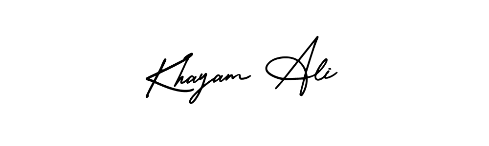 You should practise on your own different ways (AmerikaSignatureDemo-Regular) to write your name (Khayam Ali) in signature. don't let someone else do it for you. Khayam Ali signature style 3 images and pictures png