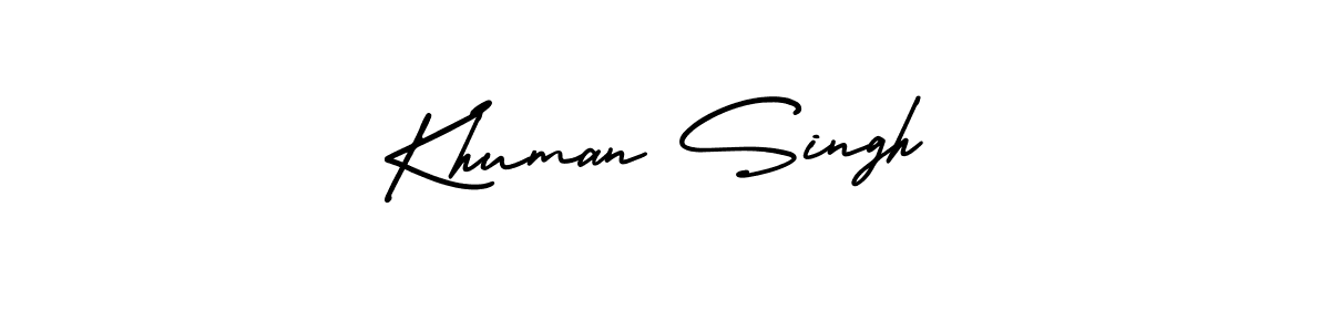 You should practise on your own different ways (AmerikaSignatureDemo-Regular) to write your name (Khuman Singh) in signature. don't let someone else do it for you. Khuman Singh signature style 3 images and pictures png