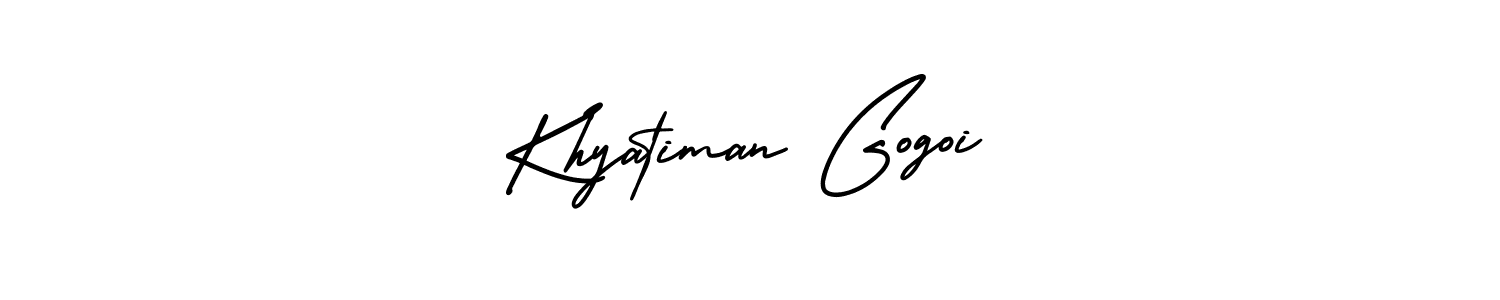 The best way (AmerikaSignatureDemo-Regular) to make a short signature is to pick only two or three words in your name. The name Khyatiman Gogoi include a total of six letters. For converting this name. Khyatiman Gogoi signature style 3 images and pictures png