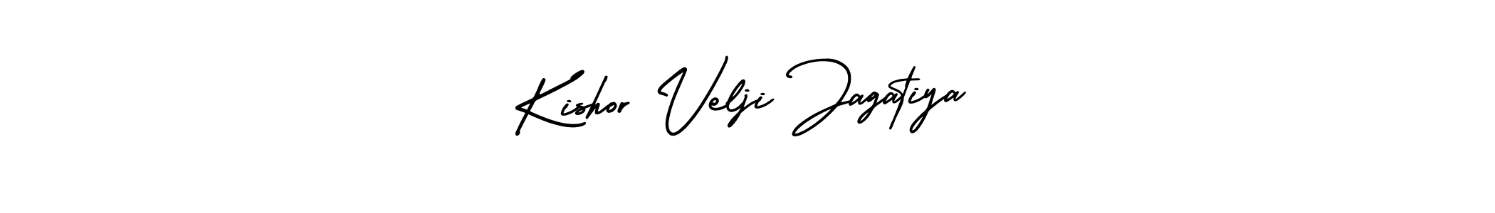 You should practise on your own different ways (AmerikaSignatureDemo-Regular) to write your name (Kishor Velji Jagatiya) in signature. don't let someone else do it for you. Kishor Velji Jagatiya signature style 3 images and pictures png