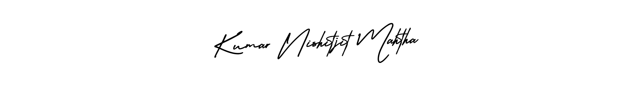 You should practise on your own different ways (AmerikaSignatureDemo-Regular) to write your name (Kumar Nishitjit Mahtha) in signature. don't let someone else do it for you. Kumar Nishitjit Mahtha signature style 3 images and pictures png