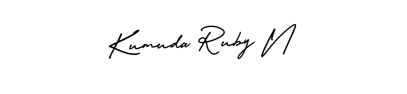 if you are searching for the best signature style for your name Kumuda Ruby N. so please give up your signature search. here we have designed multiple signature styles  using AmerikaSignatureDemo-Regular. Kumuda Ruby N signature style 3 images and pictures png