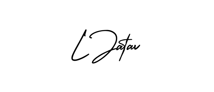 You should practise on your own different ways (AmerikaSignatureDemo-Regular) to write your name (L Jatav) in signature. don't let someone else do it for you. L Jatav signature style 3 images and pictures png