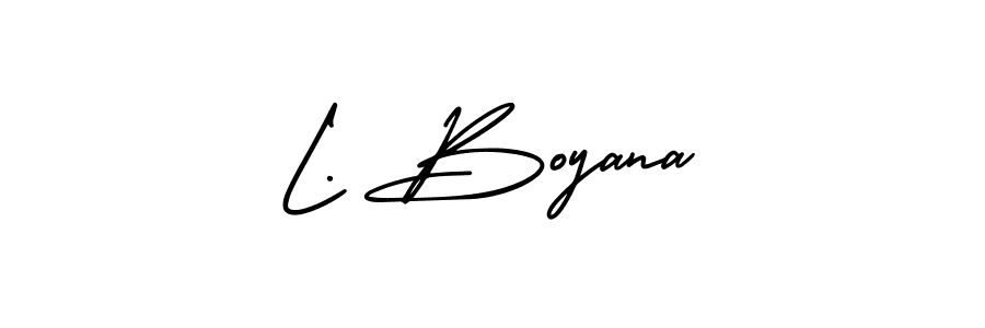 This is the best signature style for the L. Boyana name. Also you like these signature font (AmerikaSignatureDemo-Regular). Mix name signature. L. Boyana signature style 3 images and pictures png