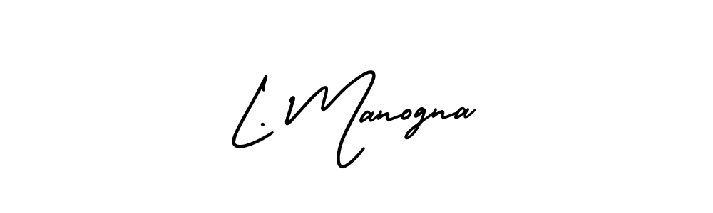 You should practise on your own different ways (AmerikaSignatureDemo-Regular) to write your name (L. Manogna) in signature. don't let someone else do it for you. L. Manogna signature style 3 images and pictures png