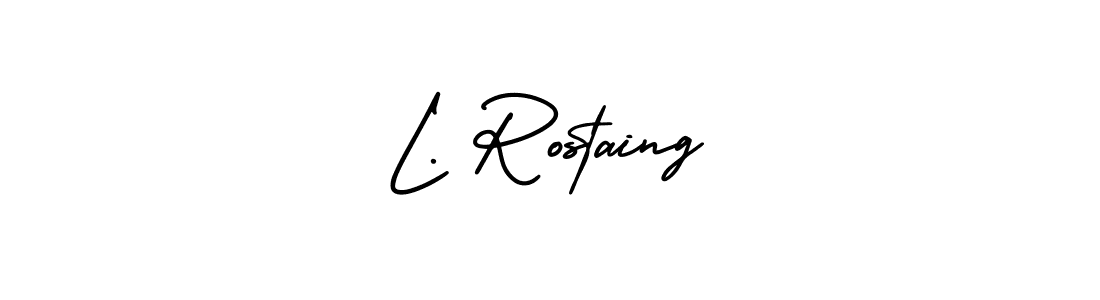 You should practise on your own different ways (AmerikaSignatureDemo-Regular) to write your name (L. Rostaing) in signature. don't let someone else do it for you. L. Rostaing signature style 3 images and pictures png