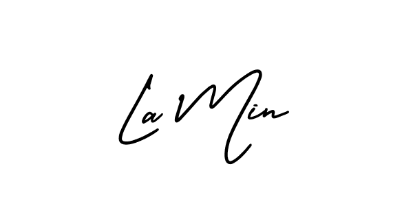 How to make La Min name signature. Use AmerikaSignatureDemo-Regular style for creating short signs online. This is the latest handwritten sign. La Min signature style 3 images and pictures png
