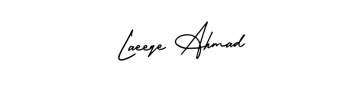 You should practise on your own different ways (AmerikaSignatureDemo-Regular) to write your name (Laeeqe Ahmad) in signature. don't let someone else do it for you. Laeeqe Ahmad signature style 3 images and pictures png