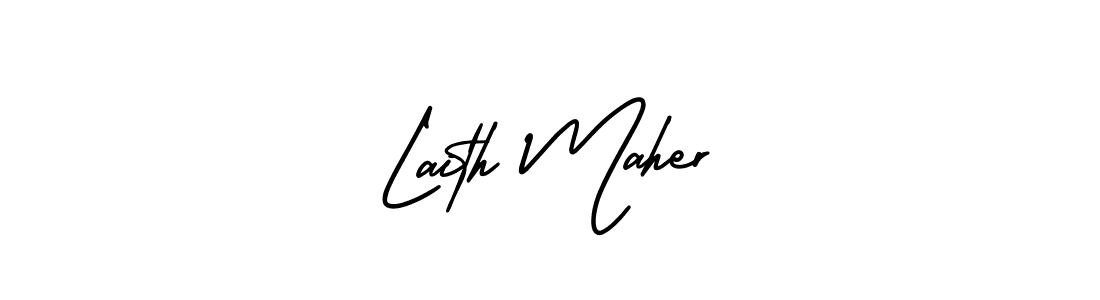 You should practise on your own different ways (AmerikaSignatureDemo-Regular) to write your name (Laith Maher) in signature. don't let someone else do it for you. Laith Maher signature style 3 images and pictures png