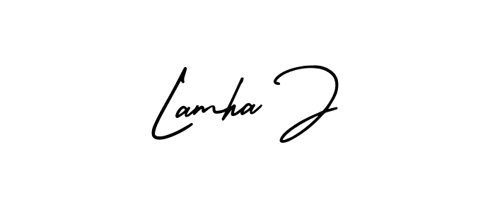 You should practise on your own different ways (AmerikaSignatureDemo-Regular) to write your name (Lamha J) in signature. don't let someone else do it for you. Lamha J signature style 3 images and pictures png