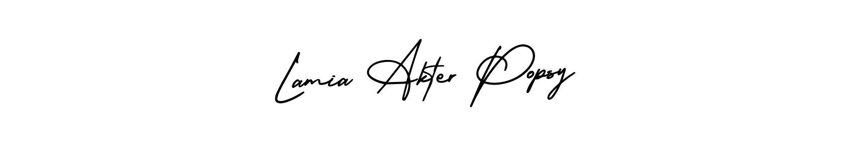 You should practise on your own different ways (AmerikaSignatureDemo-Regular) to write your name (Lamia Akter Popsy) in signature. don't let someone else do it for you. Lamia Akter Popsy signature style 3 images and pictures png