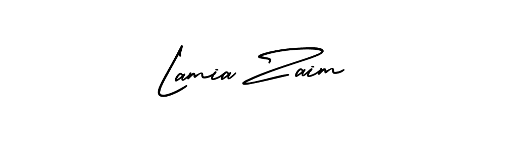 You should practise on your own different ways (AmerikaSignatureDemo-Regular) to write your name (Lamia Zaim) in signature. don't let someone else do it for you. Lamia Zaim signature style 3 images and pictures png