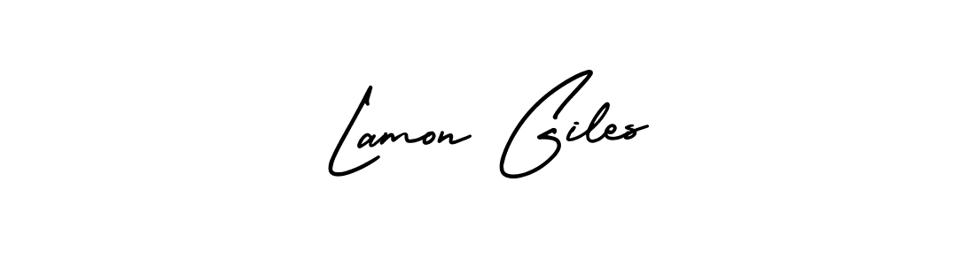 You should practise on your own different ways (AmerikaSignatureDemo-Regular) to write your name (Lamon Giles) in signature. don't let someone else do it for you. Lamon Giles signature style 3 images and pictures png