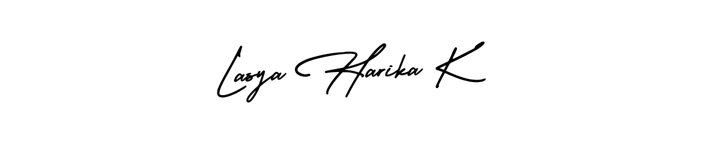 You should practise on your own different ways (AmerikaSignatureDemo-Regular) to write your name (Lasya Harika K) in signature. don't let someone else do it for you. Lasya Harika K signature style 3 images and pictures png