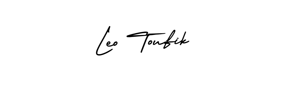 You should practise on your own different ways (AmerikaSignatureDemo-Regular) to write your name (Leo Toufik) in signature. don't let someone else do it for you. Leo Toufik signature style 3 images and pictures png