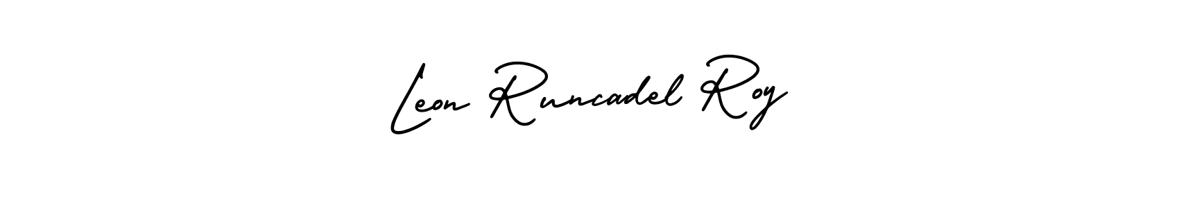 if you are searching for the best signature style for your name Leon Runcadel Roy. so please give up your signature search. here we have designed multiple signature styles  using AmerikaSignatureDemo-Regular. Leon Runcadel Roy signature style 3 images and pictures png