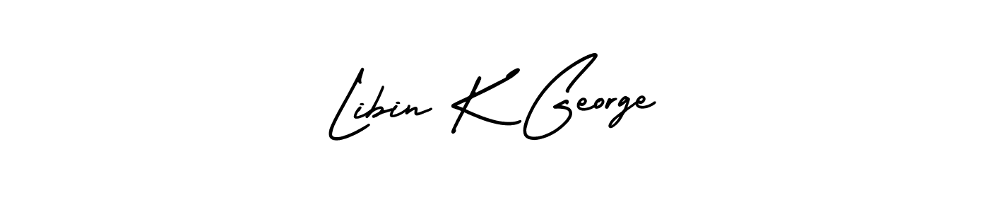 You should practise on your own different ways (AmerikaSignatureDemo-Regular) to write your name (Libin K George) in signature. don't let someone else do it for you. Libin K George signature style 3 images and pictures png