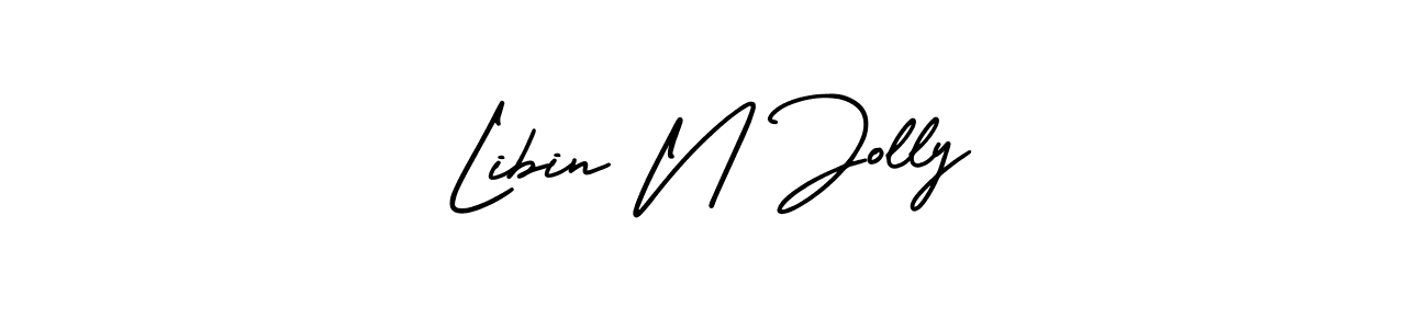 You should practise on your own different ways (AmerikaSignatureDemo-Regular) to write your name (Libin N Jolly) in signature. don't let someone else do it for you. Libin N Jolly signature style 3 images and pictures png