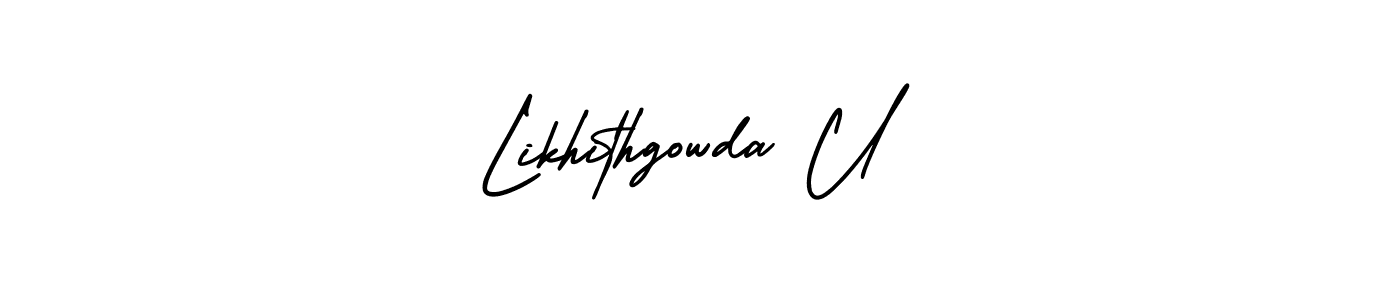 This is the best signature style for the Likhithgowda U name. Also you like these signature font (AmerikaSignatureDemo-Regular). Mix name signature. Likhithgowda U signature style 3 images and pictures png