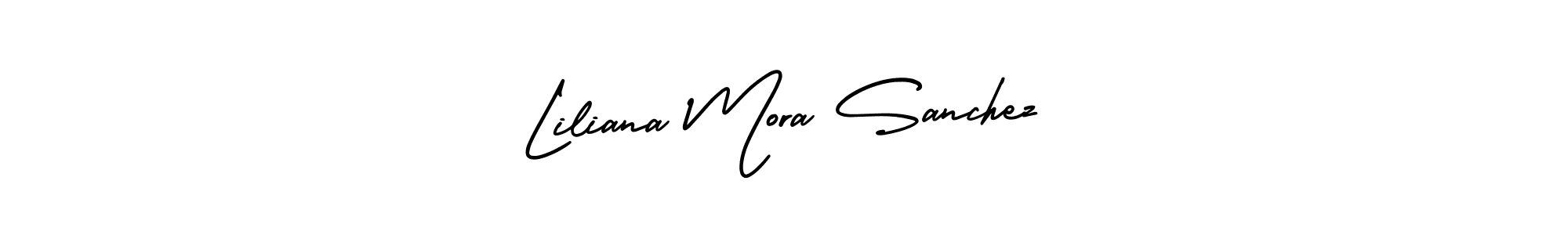 You should practise on your own different ways (AmerikaSignatureDemo-Regular) to write your name (Liliana Mora Sanchez) in signature. don't let someone else do it for you. Liliana Mora Sanchez signature style 3 images and pictures png