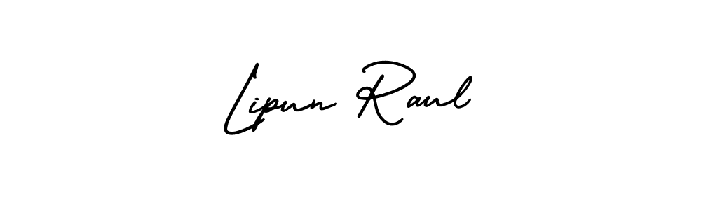 You should practise on your own different ways (AmerikaSignatureDemo-Regular) to write your name (Lipun Raul) in signature. don't let someone else do it for you. Lipun Raul signature style 3 images and pictures png