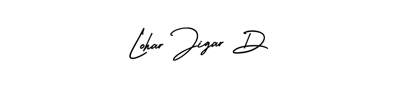 You should practise on your own different ways (AmerikaSignatureDemo-Regular) to write your name (Lohar Jigar D) in signature. don't let someone else do it for you. Lohar Jigar D signature style 3 images and pictures png