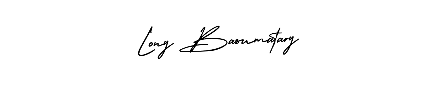 The best way (AmerikaSignatureDemo-Regular) to make a short signature is to pick only two or three words in your name. The name Lony Basumatary include a total of six letters. For converting this name. Lony Basumatary signature style 3 images and pictures png